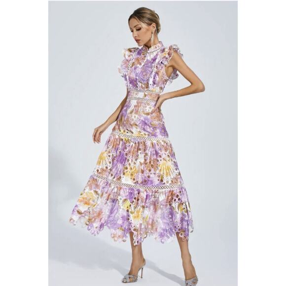 NWT Product Seeker Women’s Floral Lace Midi Dress Size Large Purple Yellow